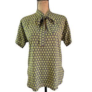 P.A.R.O.S.H. Women's Floral Green Silk V-Neck Short Sleeve Tie Blouse Sz M